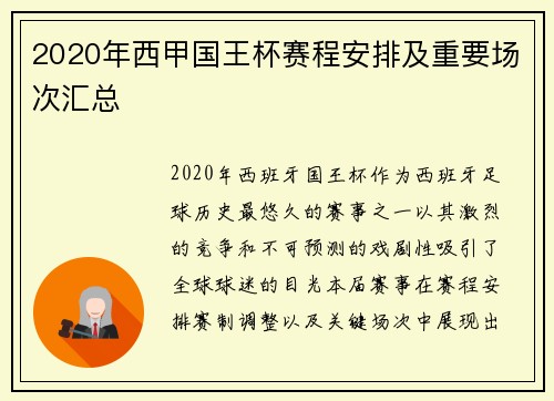 2020年西甲国王杯赛程安排及重要场次汇总