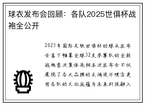 球衣发布会回顾：各队2025世俱杯战袍全公开