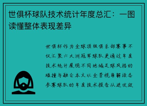 世俱杯球队技术统计年度总汇：一图读懂整体表现差异