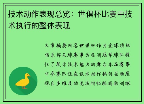 技术动作表现总览：世俱杯比赛中技术执行的整体表现